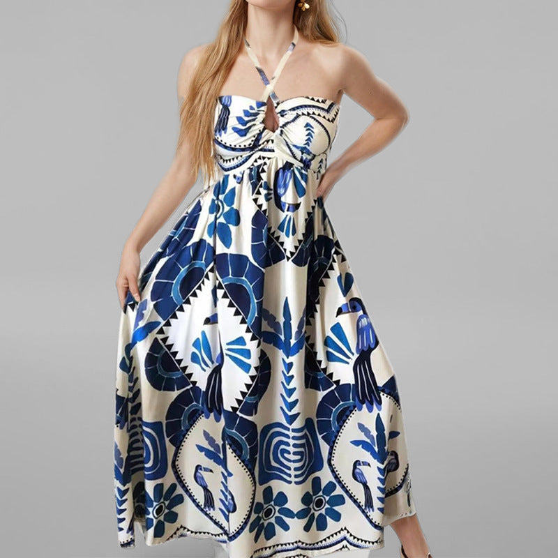 Bird and Tile Print Cross Halter Neck Keyhole Maxi Dress