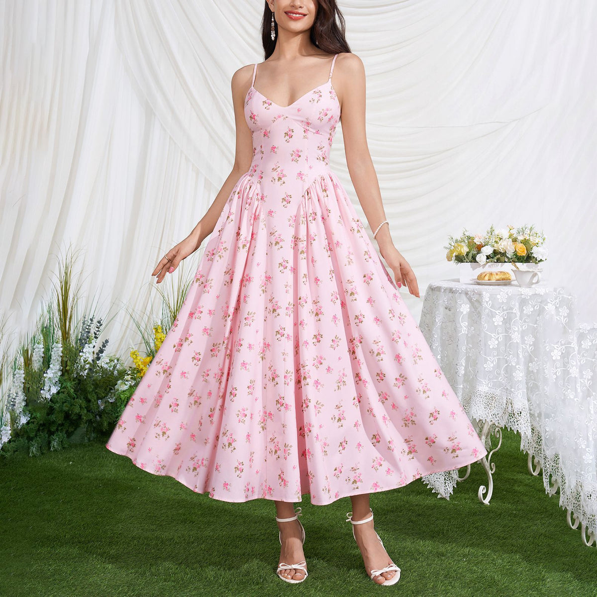 Ditsy Floral V-Neck Cami Fit and Flare Pleated Midi Dress
