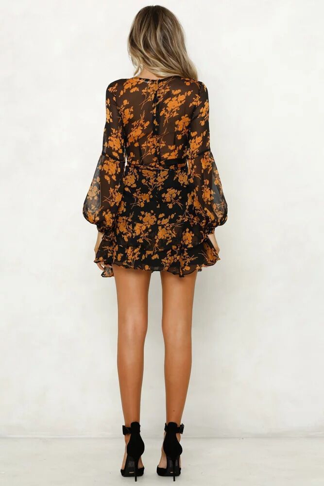 Floral Chiffon Deep V-Neck Short Sleeve Tiered Ruffle Mini Dress
