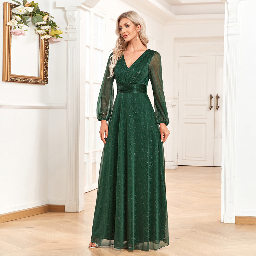 Glitter V-Neck Long Sleeve A-Line Chiffon Maxi Dress