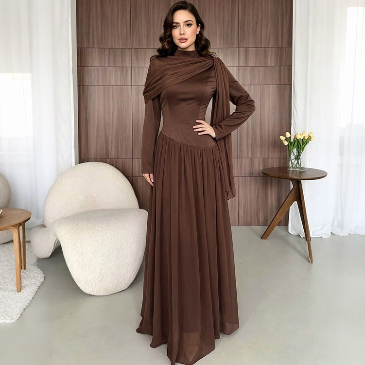 Chiffon Mock Neck Long Sleeve Scarf Drape Basque Waist Maxi Dress 4