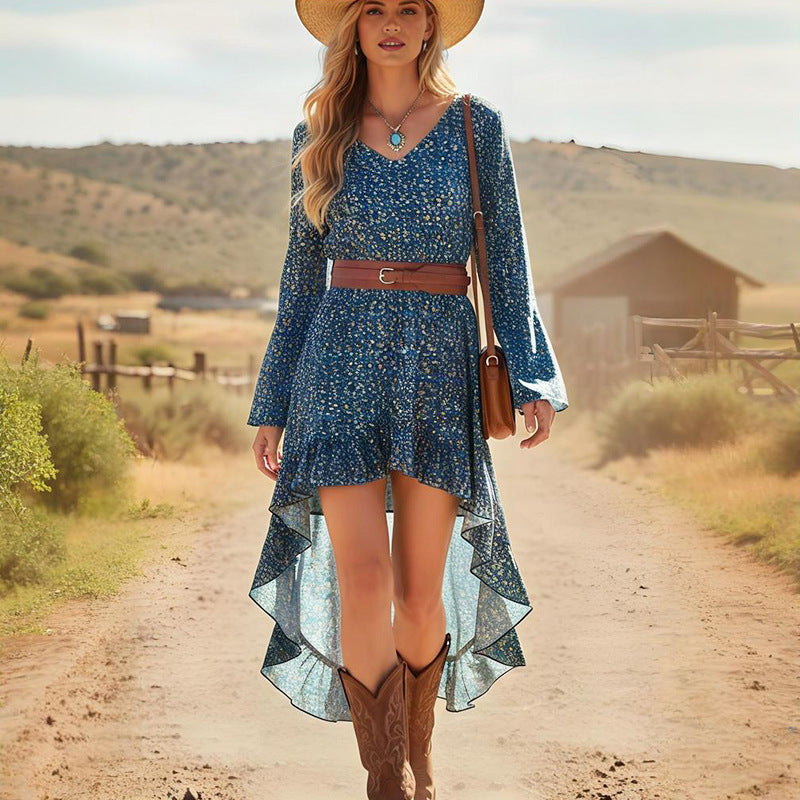 Ditsy Floral Print V-Neck Long Sleeve Ruffle High Low Dress