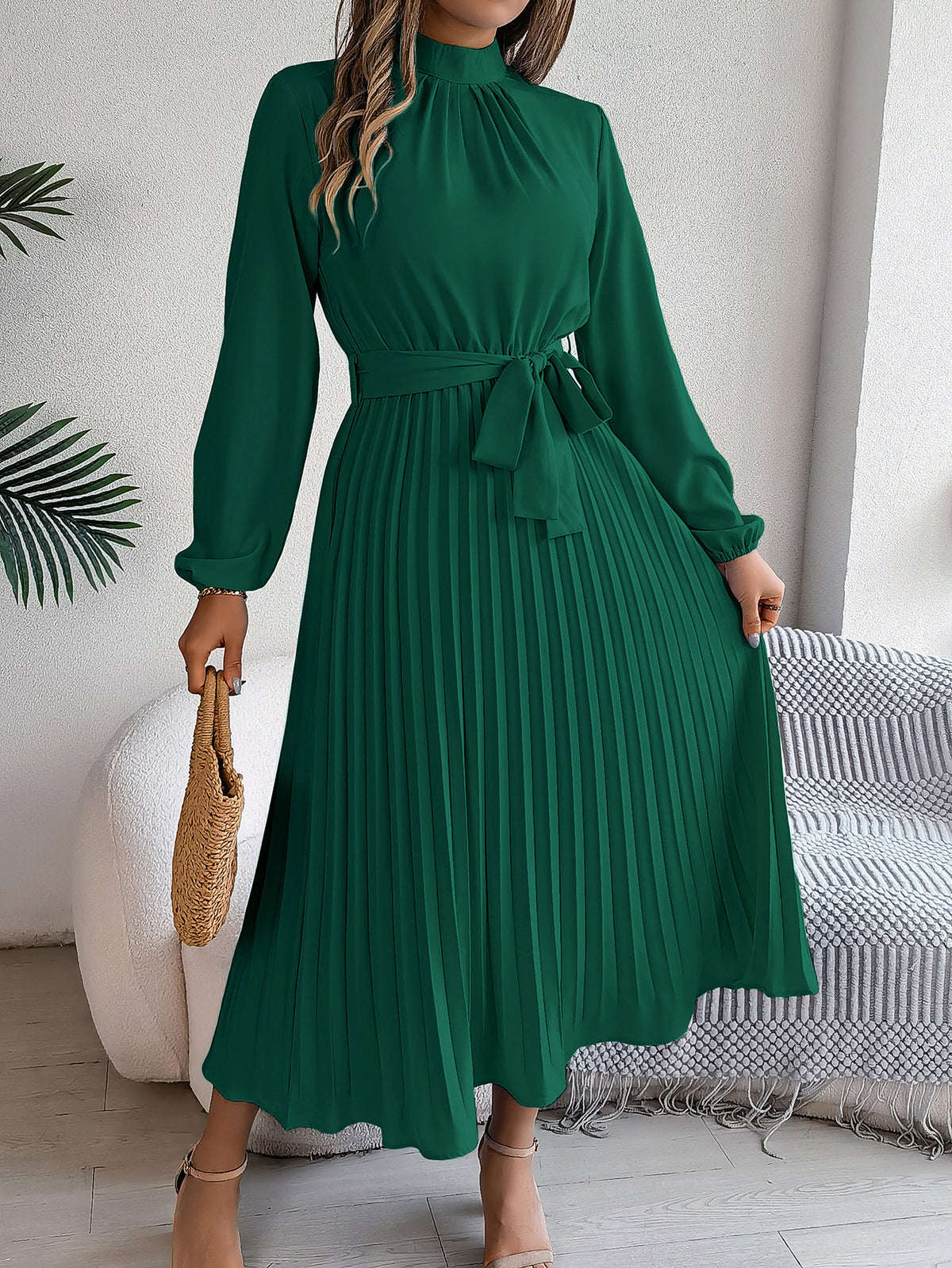 Mock Neck Long Sleeve Tie Waist Pleated A-Line Midi Dress 6