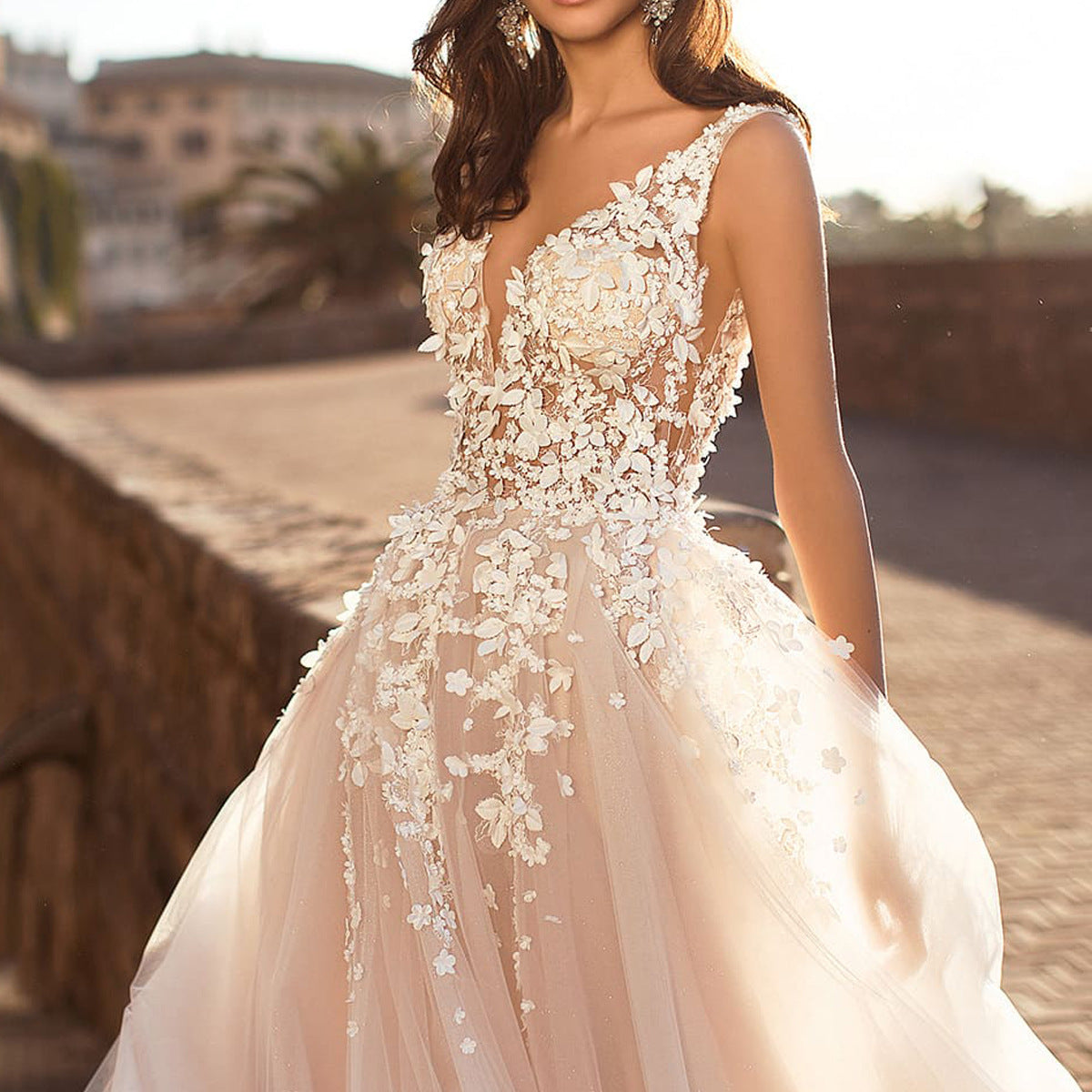 Deep V-Neck 3D Floral Lace Applique Tulle A-Line Maxi Gown