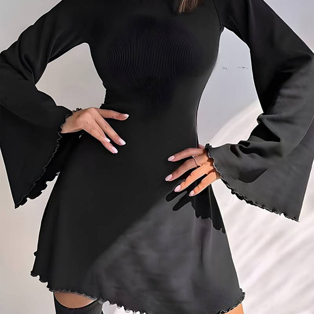 Round Neck Bell Sleeve Lettuce Trim Hem Fit and Flare Mini Dress 3