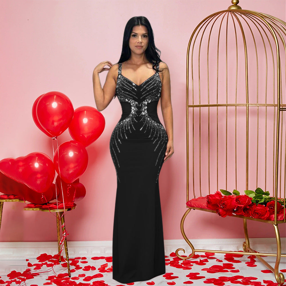 V neck Brace Maxi Dress Slim Fit Rhinestone Sheath Dress - View 5