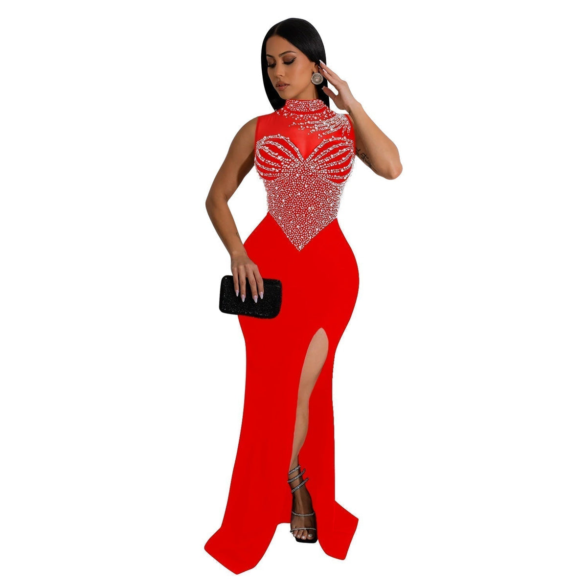 Rhinestone Mesh Mock Neck Sleeveless High Split Maxi Dress 2