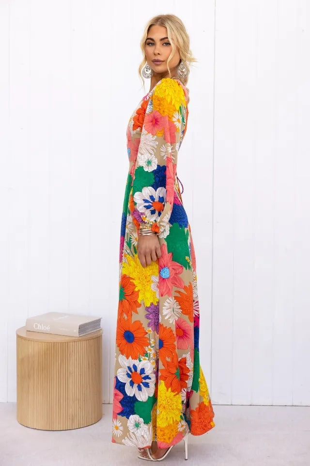 Floral Print Puff Sleeve Cut Out Waist Summer Maxi Dress