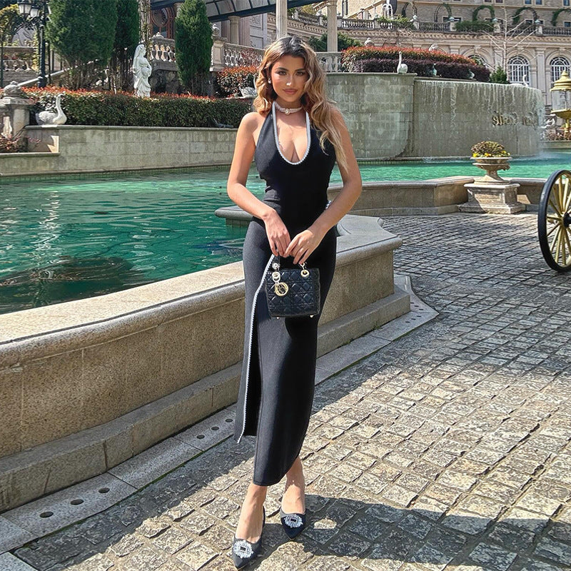 Summer Black Color Matching Lace Decorative U Collar Slit Slim Fitting Slim Backless Dress
