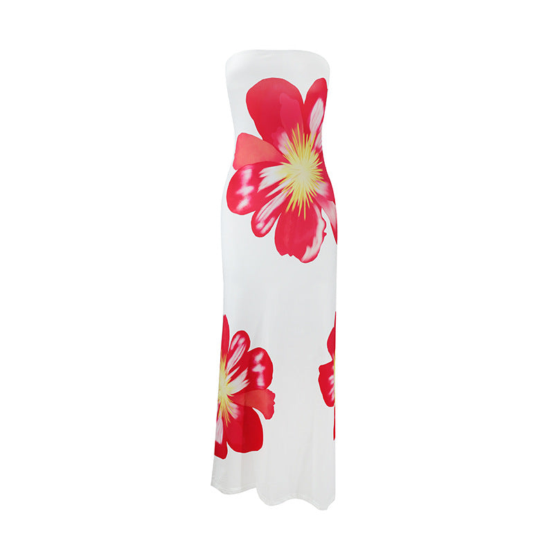 Large Floral Print Strapless Tube Column Maxi Dress 3