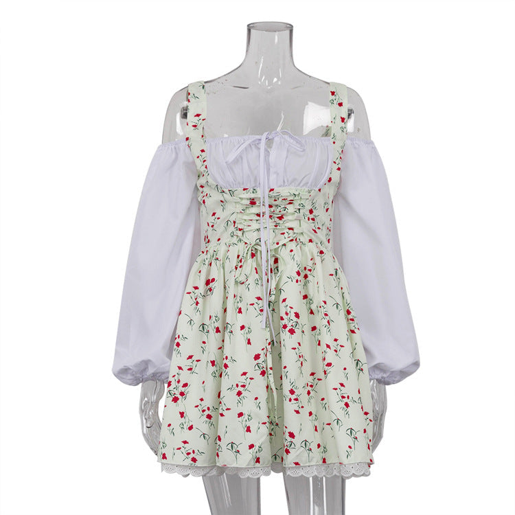 Bubble Sleeve Strap Tube Top Faux Two Piece French Dress Floral Cami Dress