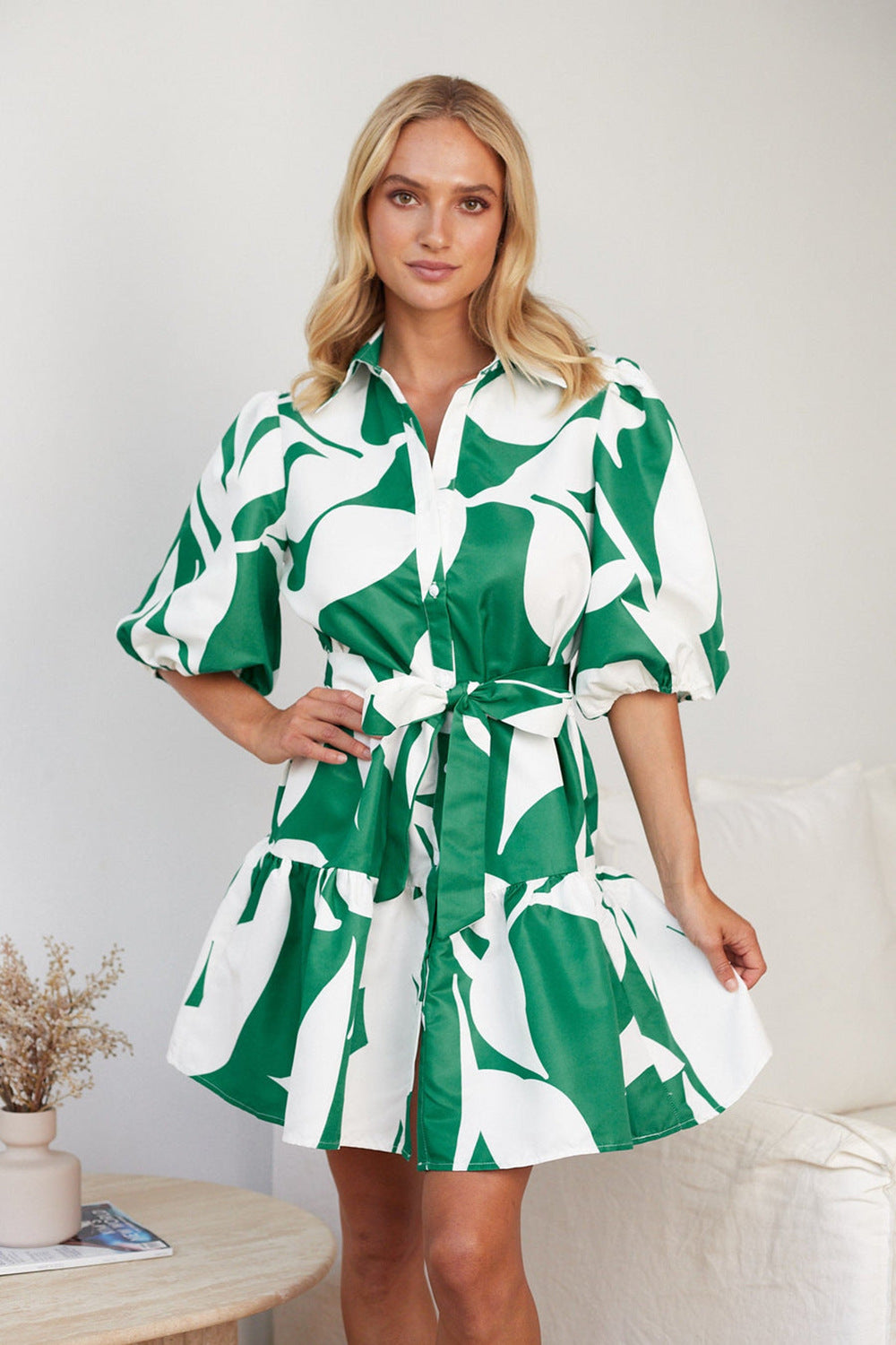 Abstract Leaf Print Collared Puff Sleeve Tie Waist Mini Shirt Dress 6