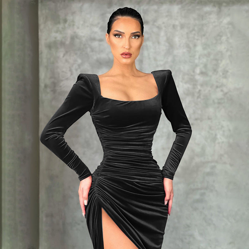 Velvet Square Neck Long Sleeve Ruched High Split Bodycon Midi Dress 4