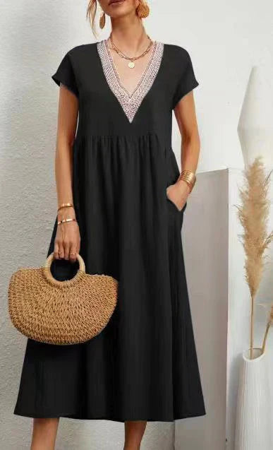 Lace Trim Border V-Neck Cap Sleeve Empire Waist Pocket Midi Dress