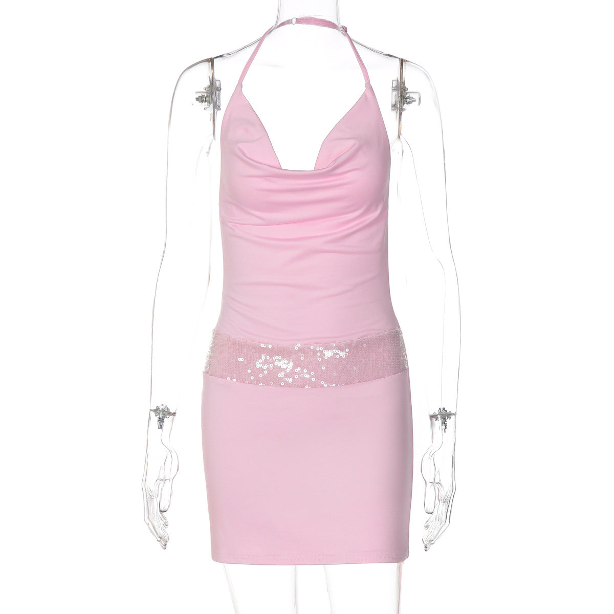 Cowl Neck Halter Backless Sequin Waist Bodycon Mini Dress 2