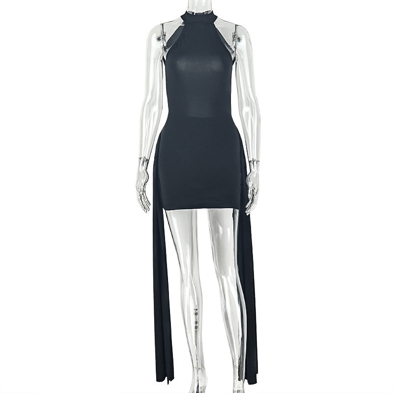 Halter Neck Bodycon Mini Dress with Draped Back Sash Train 2