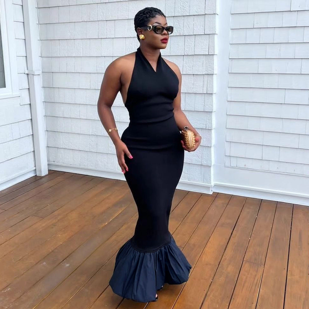 Halter Neck Sleeveless Backless Contrast Ruffle Hem Mermaid Maxi Dress
