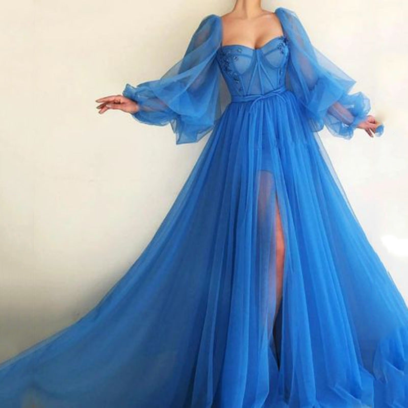 Sweetheart Corset Bodice Floral Embroidery Tulle Maxi Gown - View 4