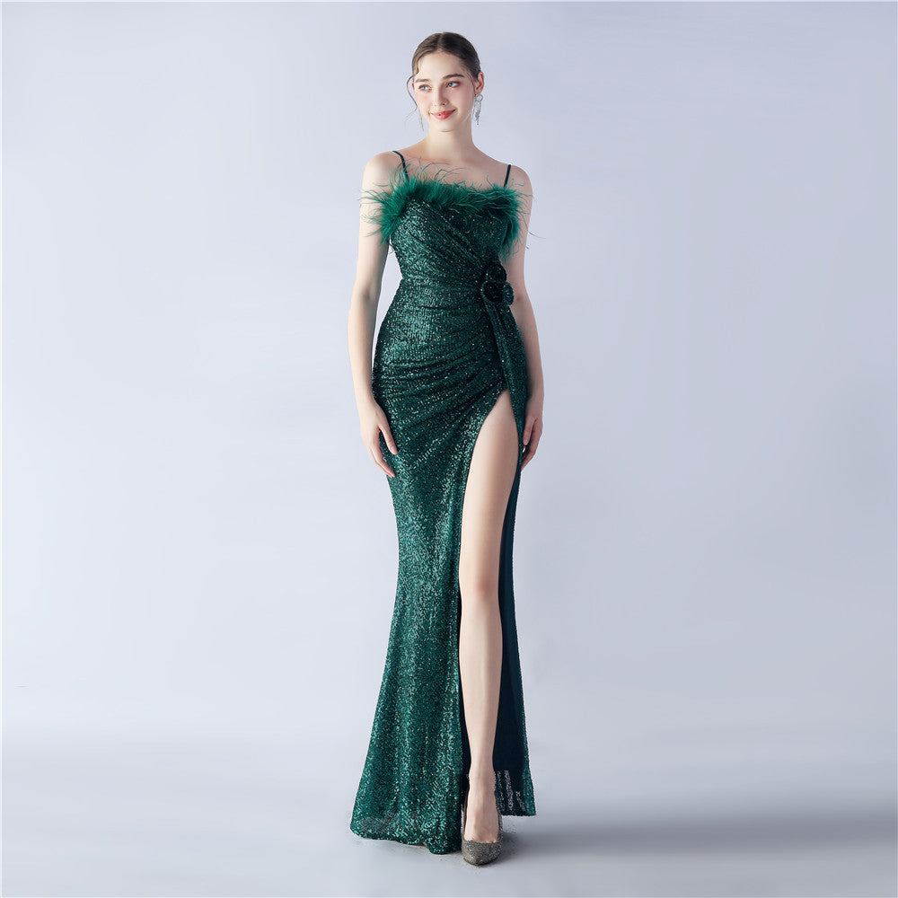 Sequin Spaghetti Strap Feather Trim High Split Mermaid Gown