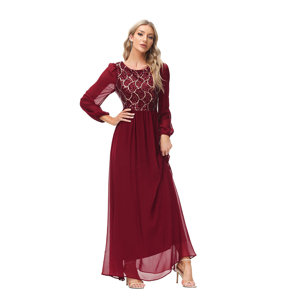 Sequin Round Neck Bishop Sleeve Chiffon A-Line Gown