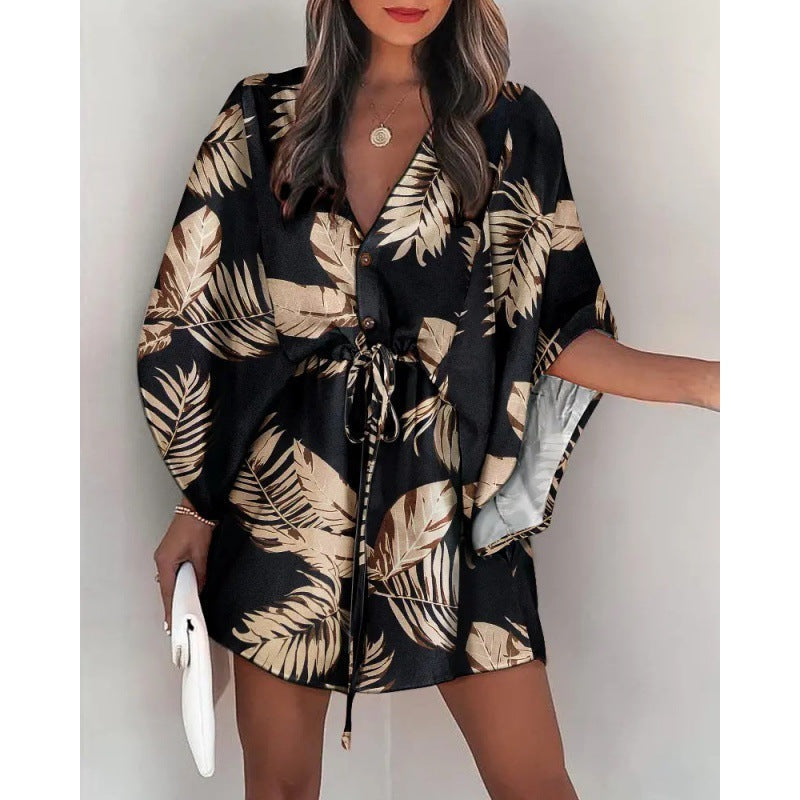 Abstract Geometric Print Deep V-Neck Batwing Sleeve Button Up Mini Dress