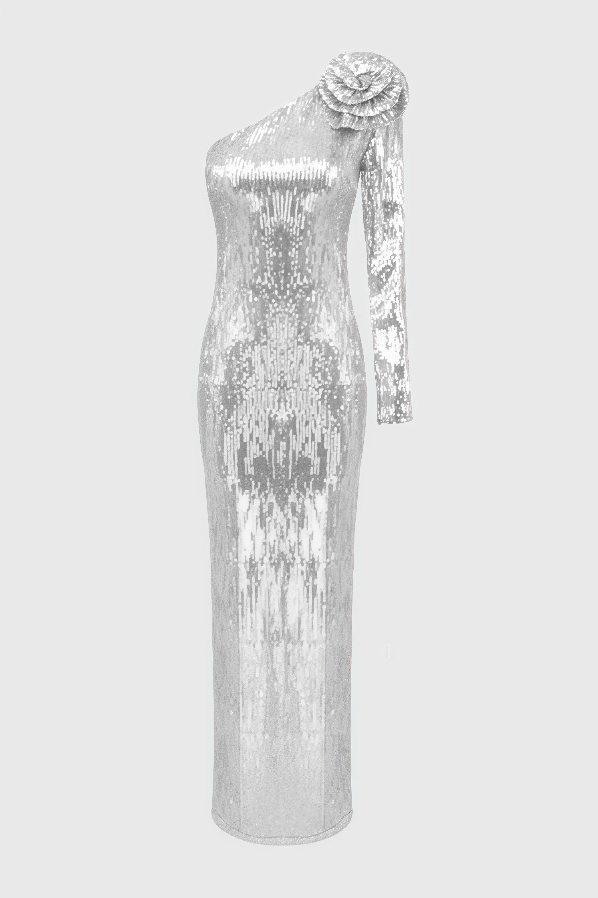 Sequin One Shoulder Long Sleeve 3D Flower Maxi Gown