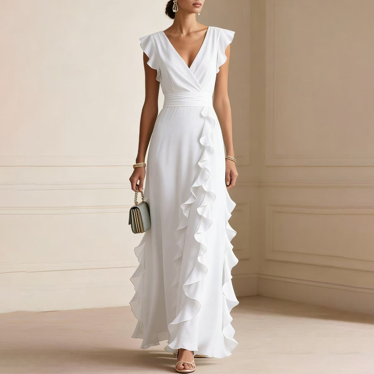 Chiffon Wrap V-Neck Flutter Sleeve Cascading Ruffle Maxi Dress 3