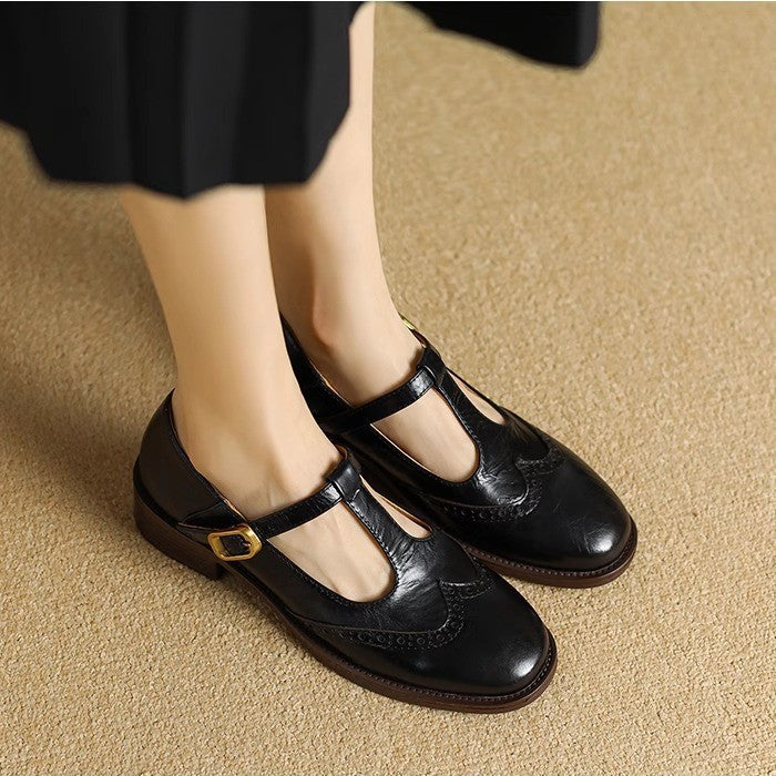 T-Strap Brogue Block Heel Mary Jane Pumps