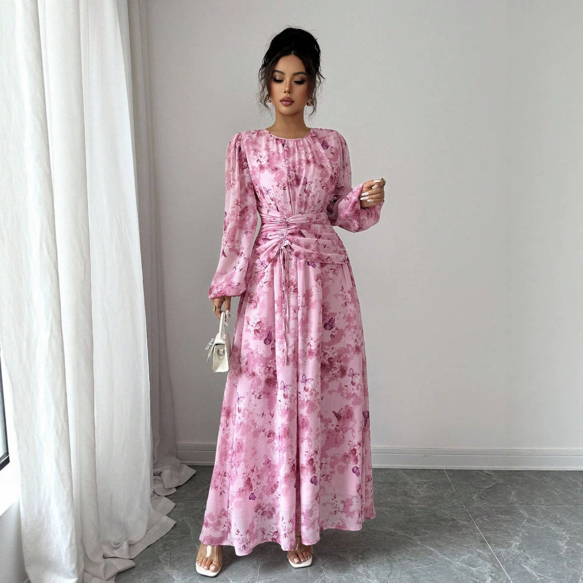 Round Neck Bubble Long Sleeve Printed Waist Controlled Lace up Women Maxi Dress