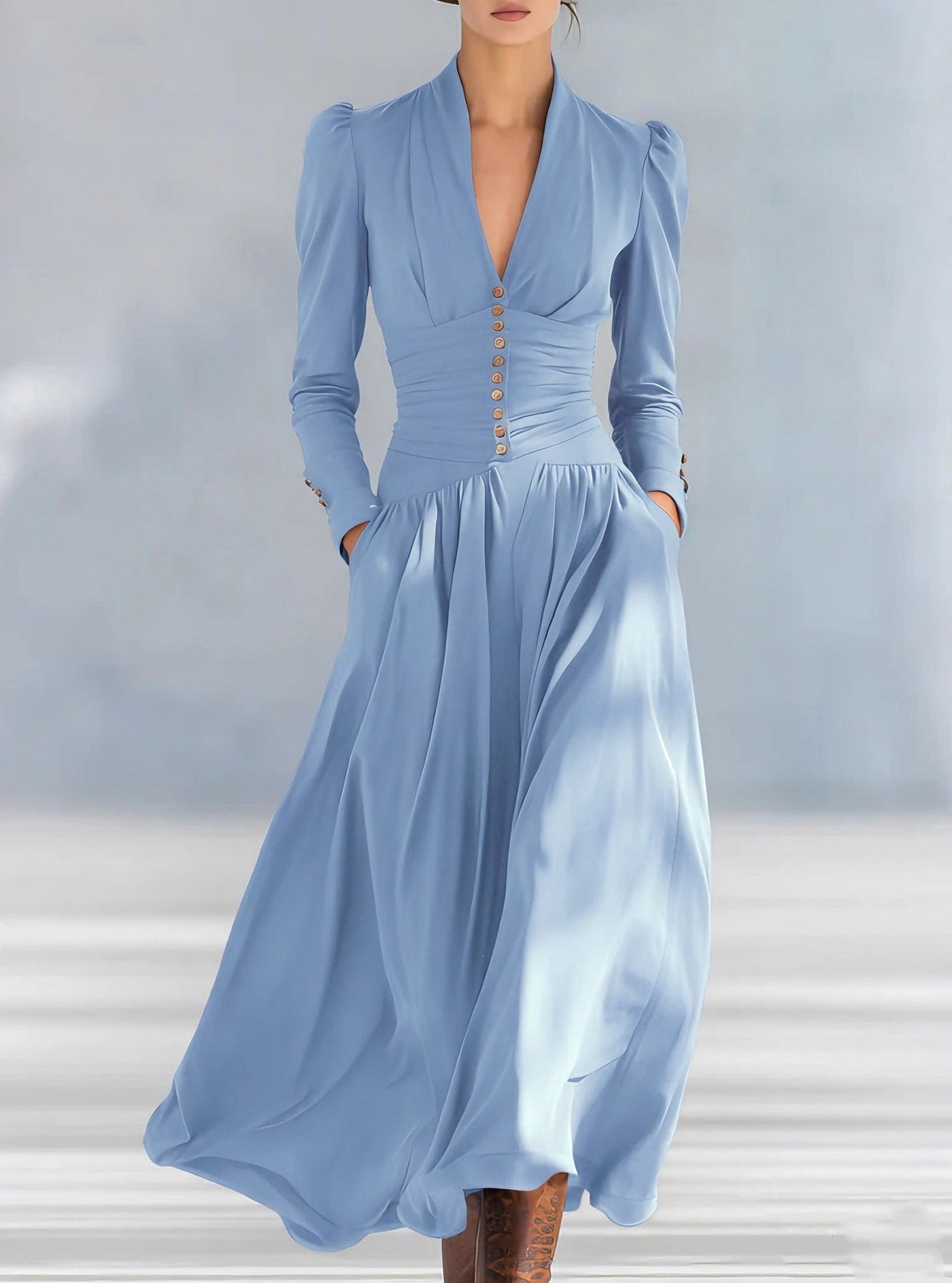 Deep V-Neck Puff Sleeve Ruched Satin Maxi Dress 7