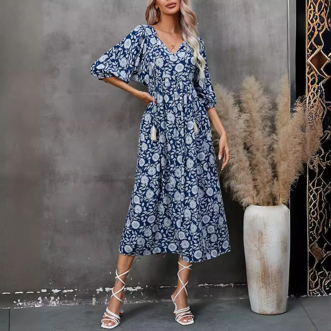 Floral Print V-Neck Tassel Tie Puff Half Sleeve Midi Dress
