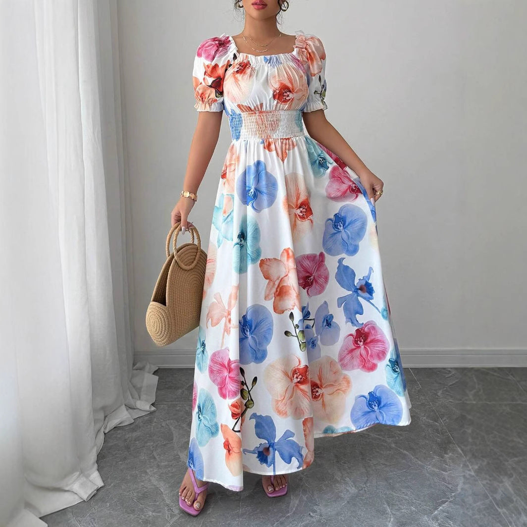 Floral Print Square Neck Puff Sleeve Smocked Waist A-Line Maxi Dress