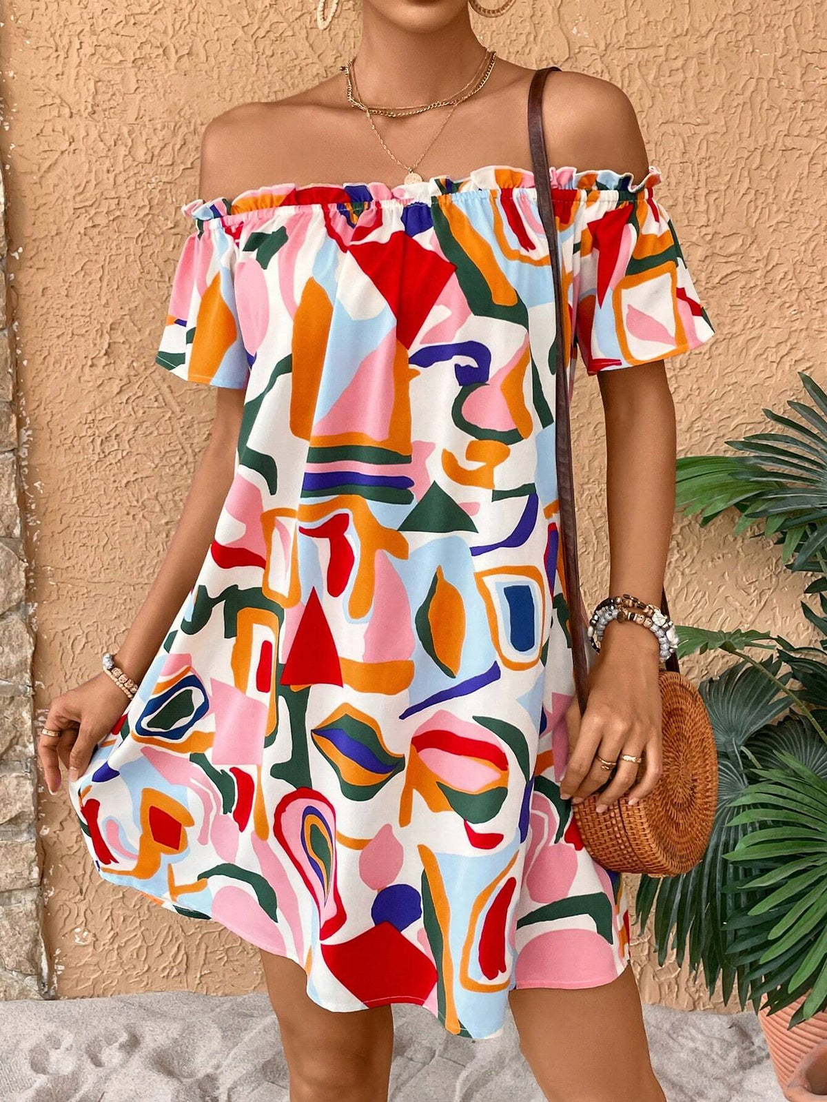 Abstract Geometric Print Off Shoulder Short Sleeve Ruffle Neck Swing Mini Dress 5