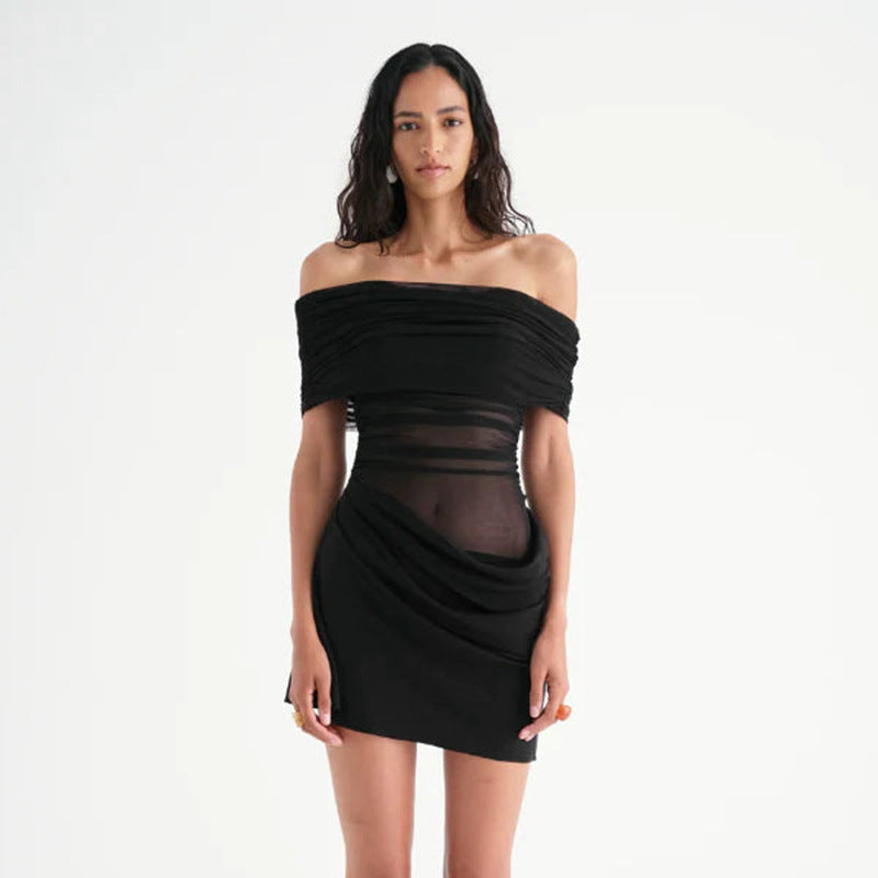 Off Shoulder Ruched Mesh Waist Panel Wrap Overlay Mini Dress
