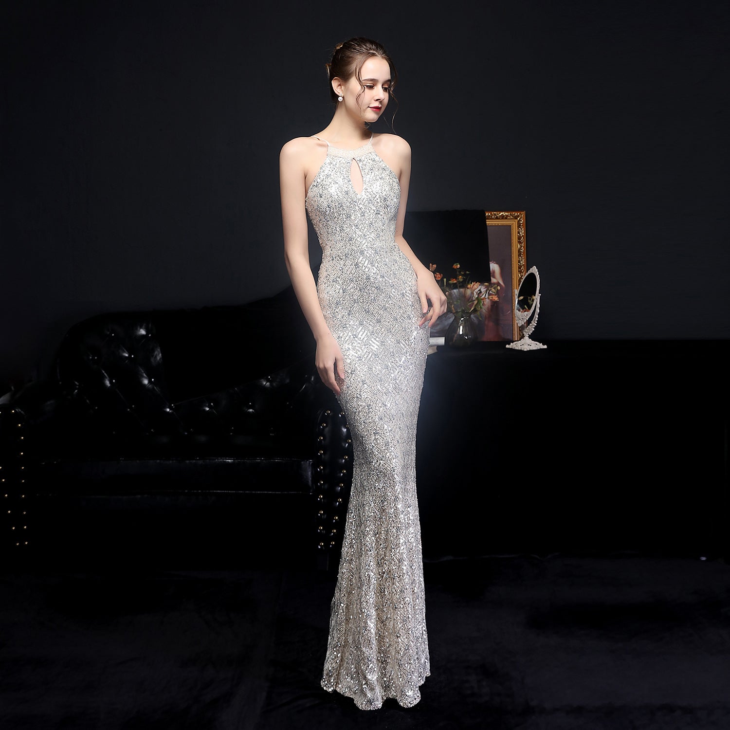 Halter Neck Keyhole Beaded Sequin Mermaid Gown