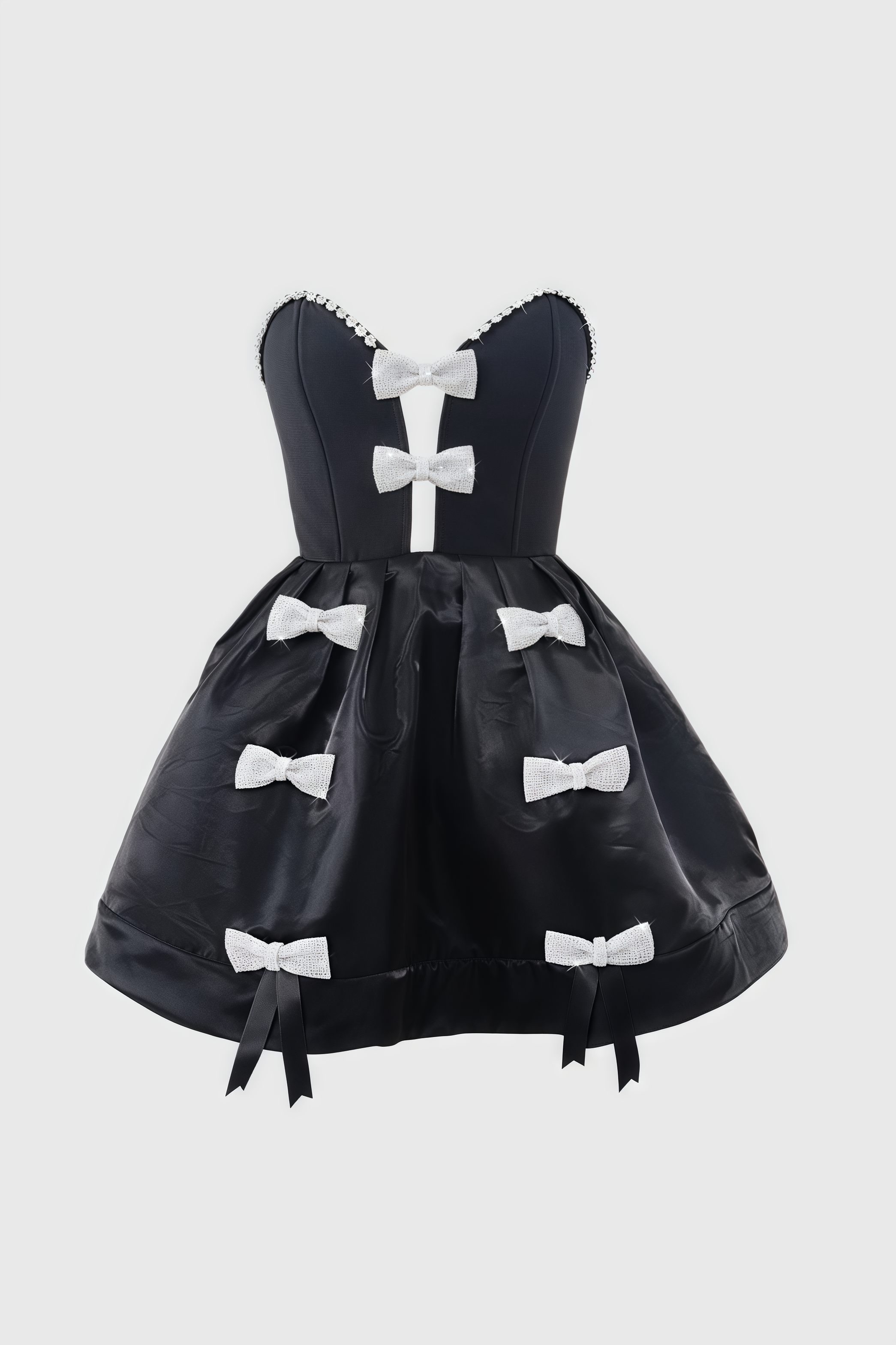 Strapless Sweetheart Corset Mesh Plunge Multi Bow Flared A-Line Mini Dress