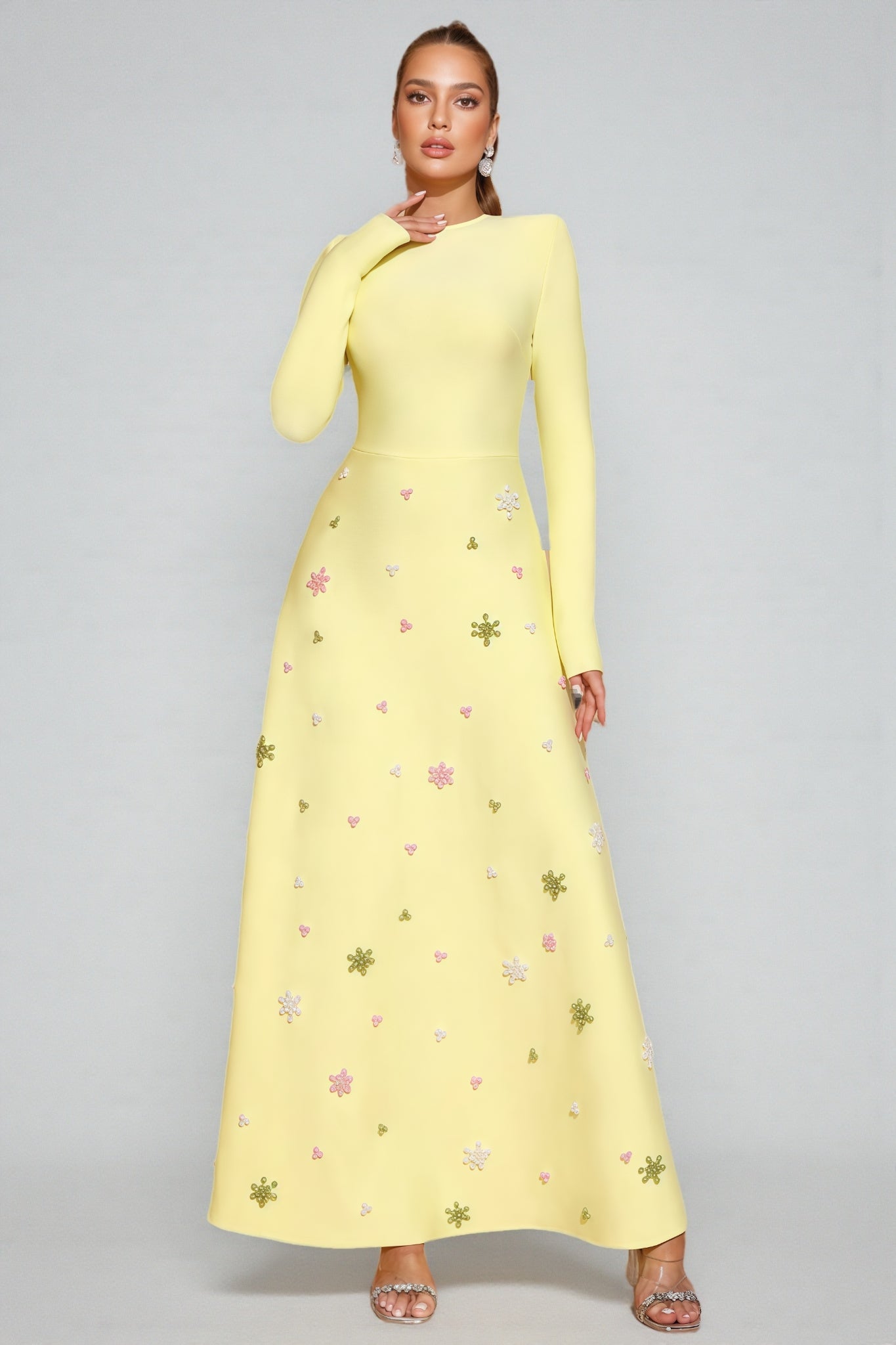 Long Sleeve Crew Neck Beaded Floral Applique A-Line Maxi Gown