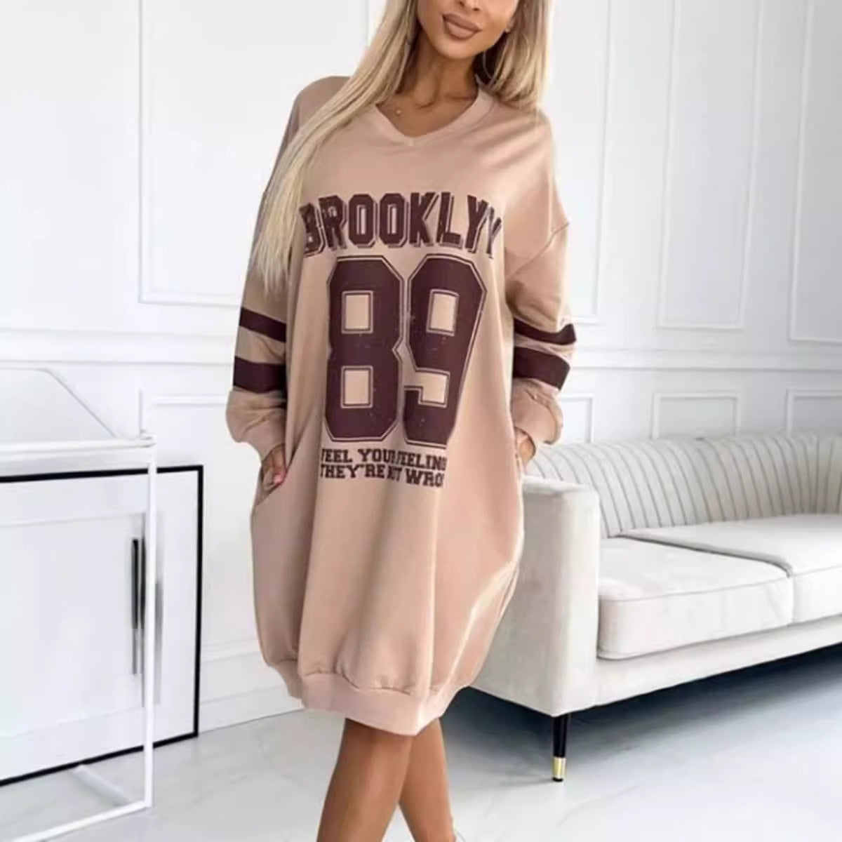 Oversized Varsity Letter Print Striped Sleeve Sweatshirt Dress 2
