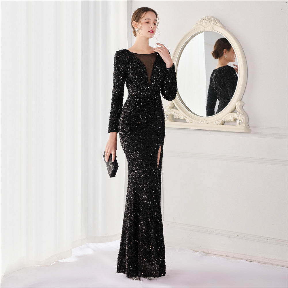 Sequin Long Sleeve V-Neck Ruched High Split Mermaid Gown