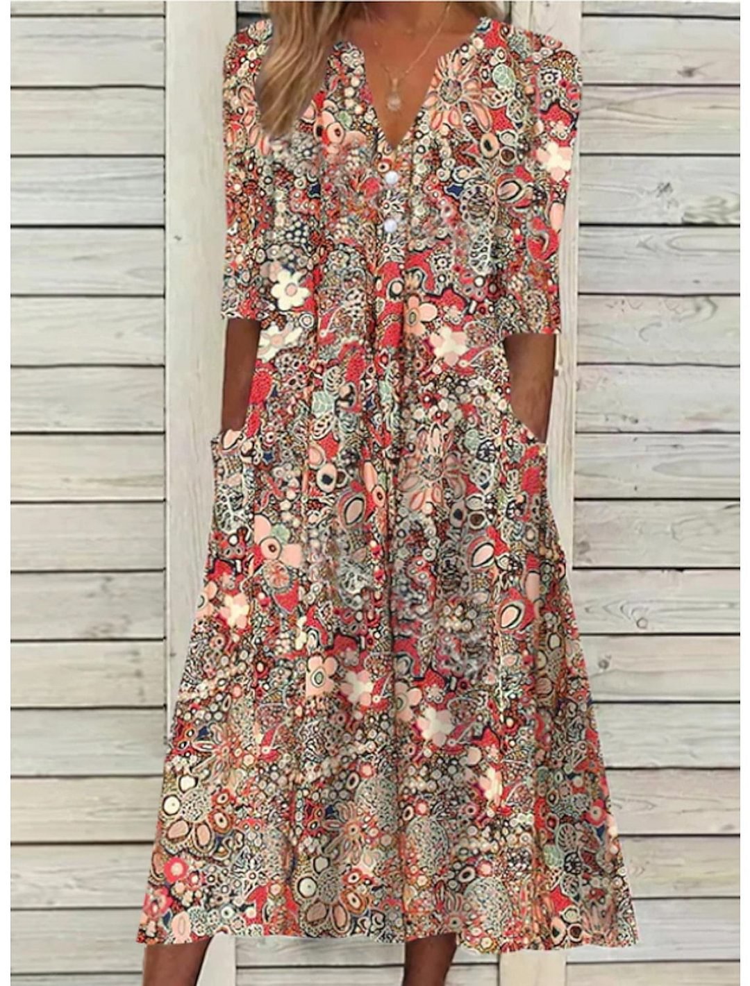 Floral Print V-Neck Button Half Sleeve Patch Pocket A-Line Midi Dress