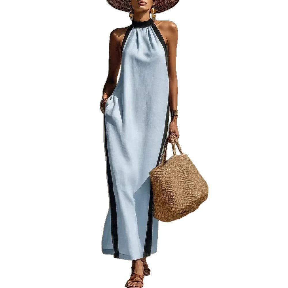 Halter Neck Sleeveless Contrast Trim Maxi Dress Summer 5