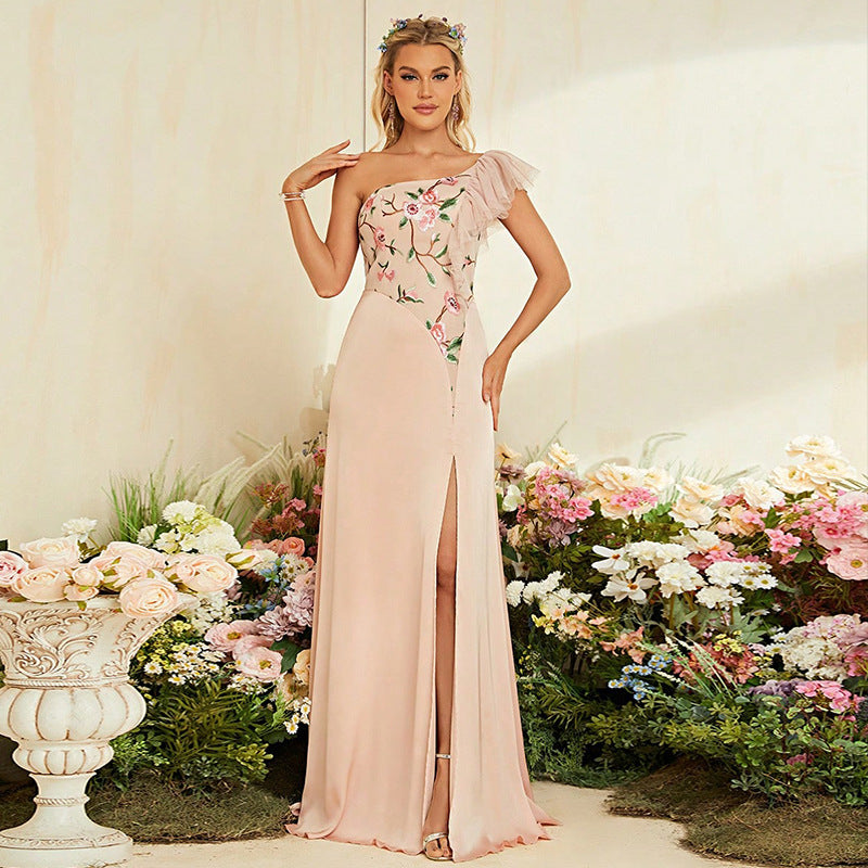 Floral Embroidered One Shoulder Ruffle High Split Chiffon Maxi Gown