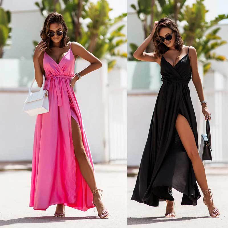 Satin Deep V-Neck Wrap Front Spaghetti Strap High Split Maxi Dress