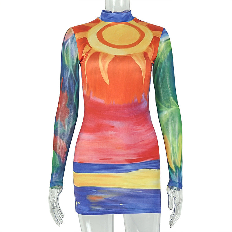 Sun and Moon Print Mesh Mock Neck Long Sleeve Bodycon Mini Dress 5