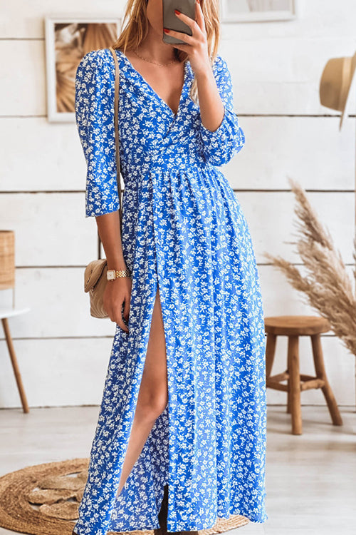 Print Seven Sleeve Slit Wrap Maxi Dress