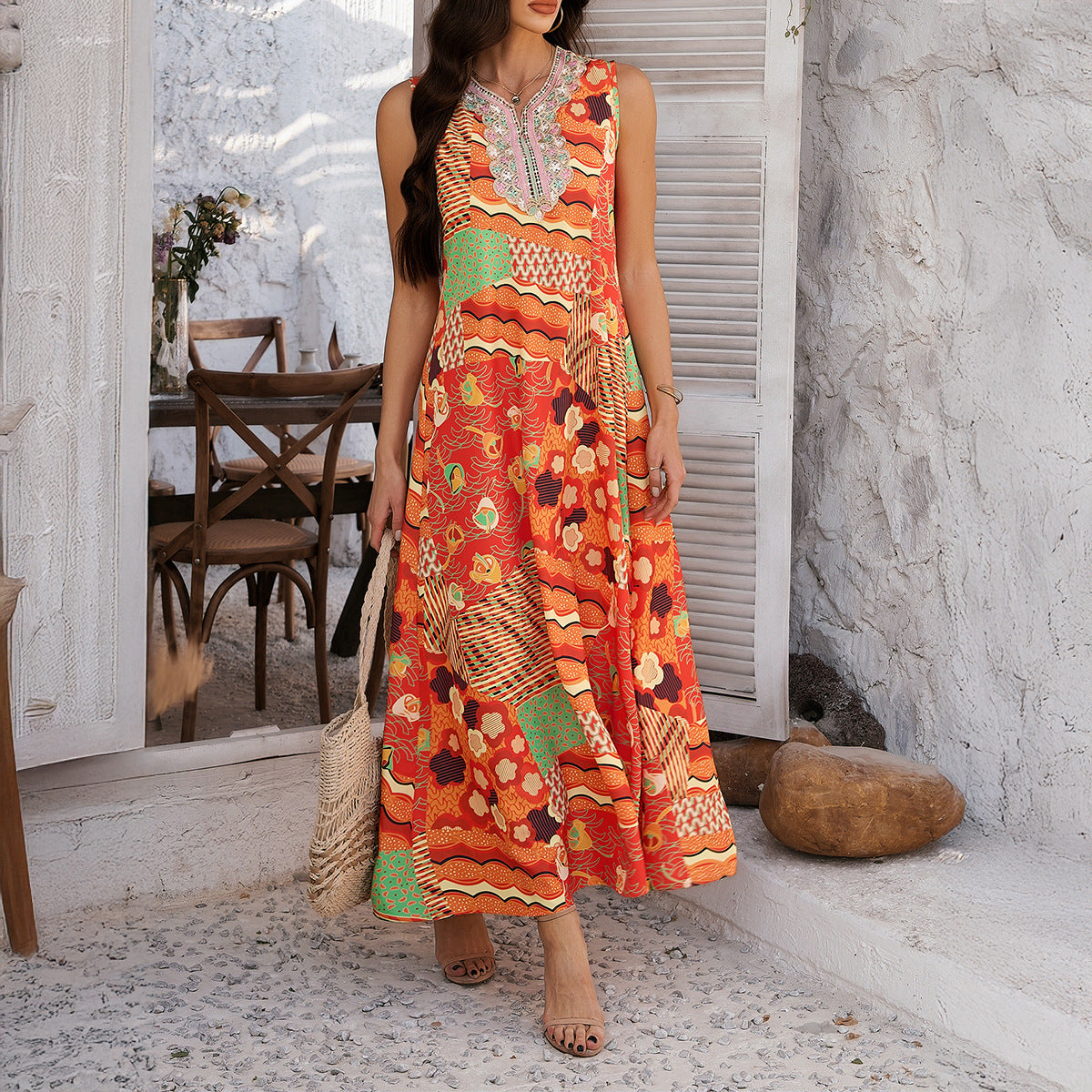 Patchwork Print Embroidered Notch Neck Sleeveless A-Line Maxi Dress 2