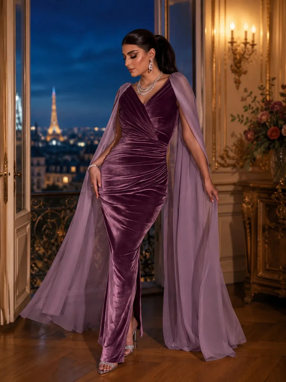 Velvet Pleated V neck Shawl Long Evening Dress Elegant Cocktail Dress