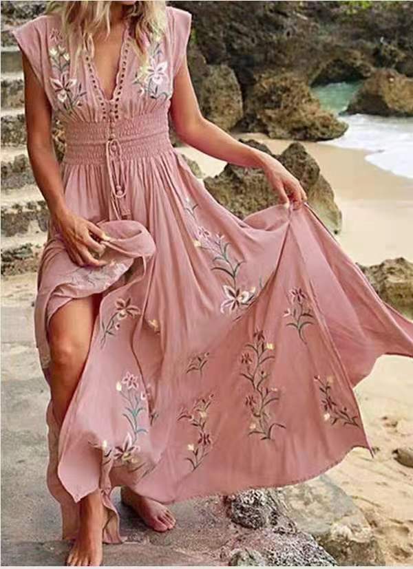 Floral Embroidered Deep V-Neck Smocked Waist Maxi Dress 5
