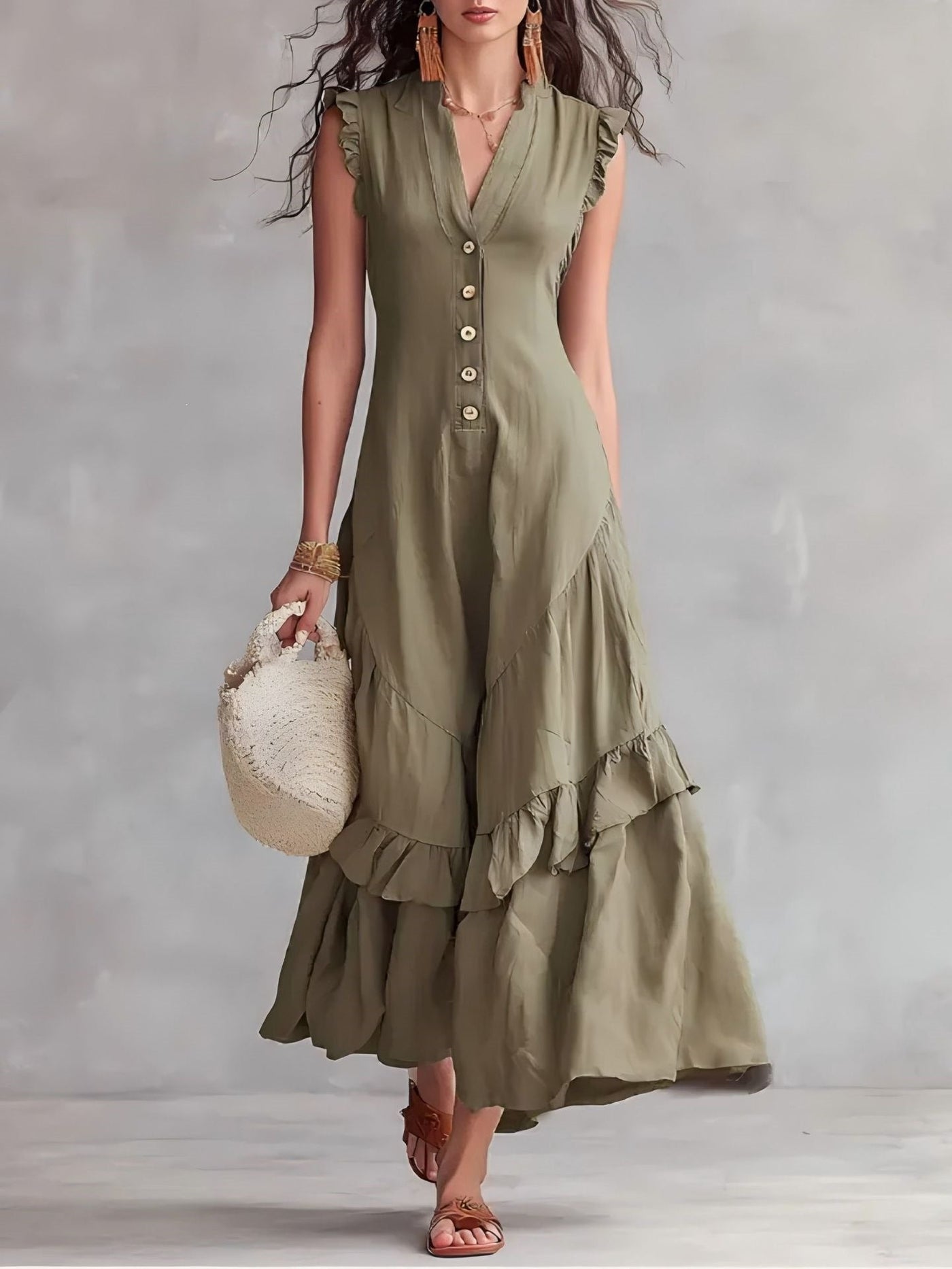 V-Neck Ruffle Sleeve Button Front Tiered Maxi Dress 10