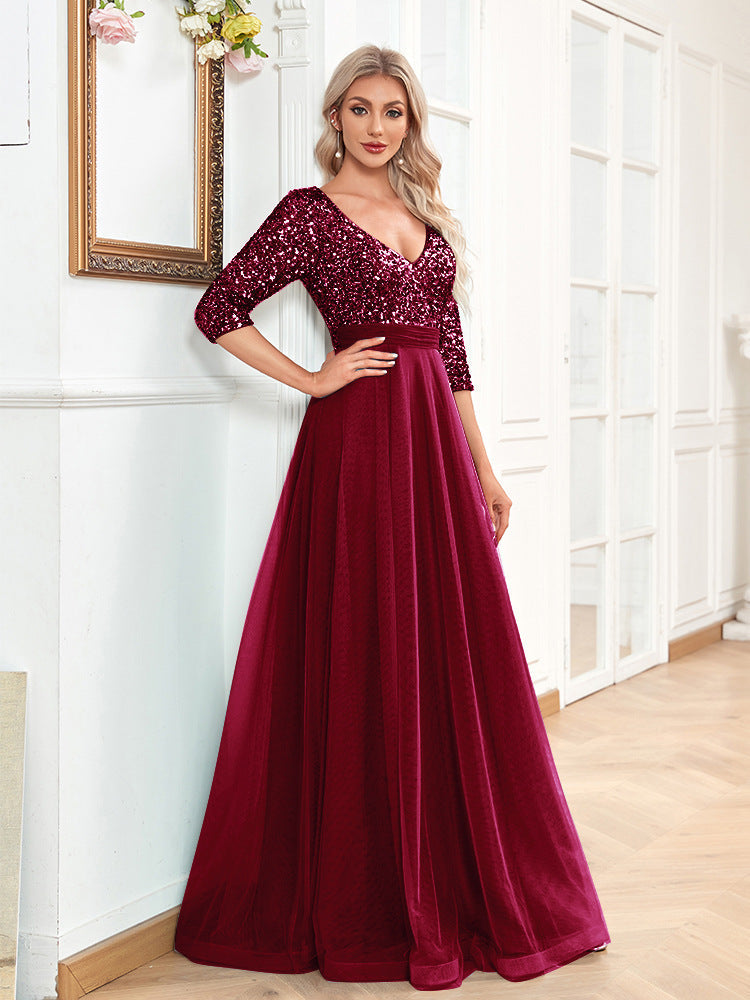 V neck Short Sleeve Sequined Tulle A line Floor Elegant Prom Evening Party Dress